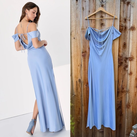 🌿 Light Cinderella Blue Satin Off-the-Shoulder Cowl Backless Maxi Dress 🌿 - Picture 3 of 13